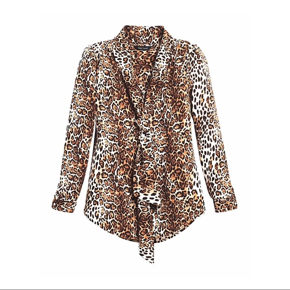 White House Black Market Tops - WHBM Leopard Print Tie Blouse Size 4